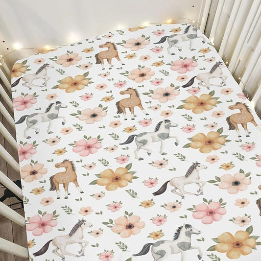 Watercolor Horse Floral Baby Crib Sheets for Boy Girl 52"x28" Running Horses Boho Flowers Soft Snug Fitted Crib Mattress Cover Wild Animals Baby Sheet for Standard Crib & Toddler Bed Mattresses