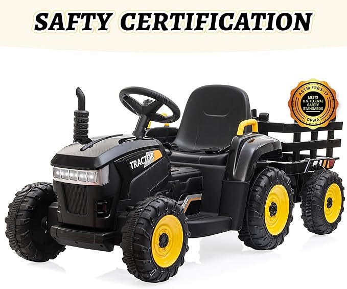 TOBBI Kids Electric Ride On Toy Tractor, Toddlers 12V Battery-Powered Car to Drive, 35W Dual Motor 6-Wheels Trailer Vehicle with 3-Speeds/LED & Horn Functions for Chirdren Aged 3-6-Black
