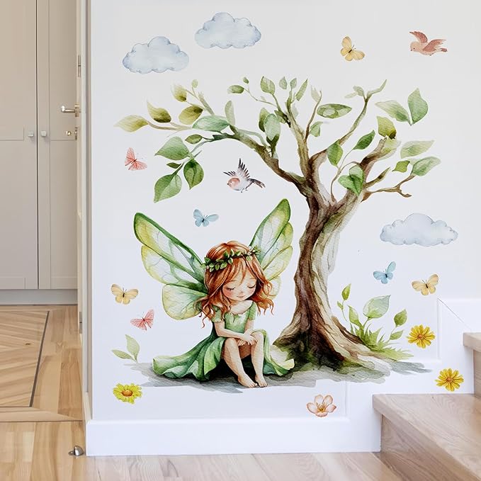 DRWSSR 2Sheets Removable Cartoon Green Butterfly Elf Girl Decals Fairy Wall Decals DIY Tree and Leaves Wall Sticker Peel and Stick Butterfly Bird Art for Girls Room Living Room Bedroom Bathroom Decor