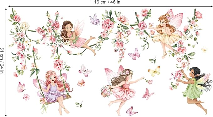 decalmile Pink Flower Fairy Wall Stickers Hanging Peony Flower Vine Butterfly Elf Wall Decals Baby Nursery Bedroom Girls Room Home Decor