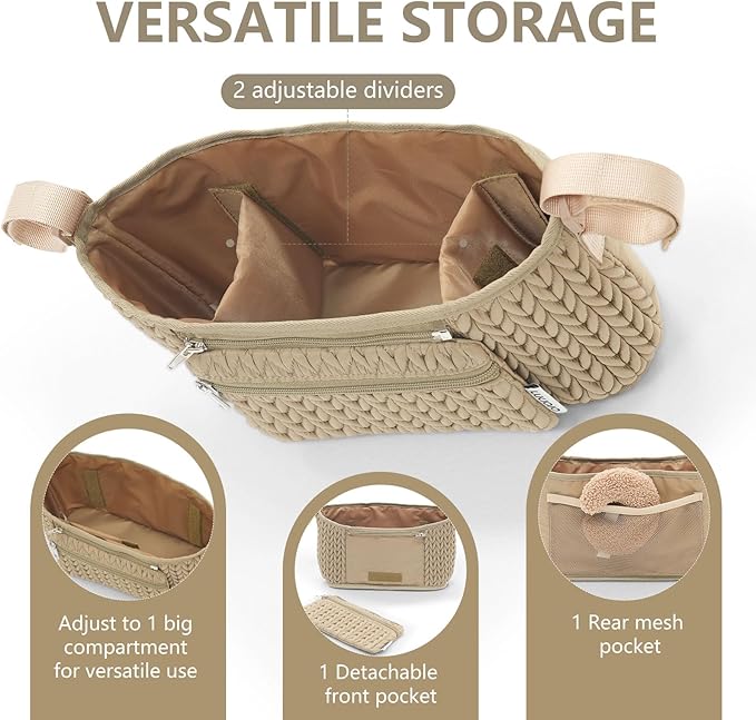 LUKJOJO Stroller Organizer - Stylish 3D Herringbone Quilting Nylon, Universal Fit, Detachable Bag, Adjustable Multi-Storage for Baby Essentials