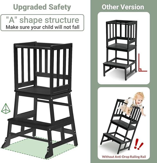 COSYLAND Kids Kitchen Step Stool Helper - Wooden Standing Tower for Kids with Anti-Tip Support Legs (Black)