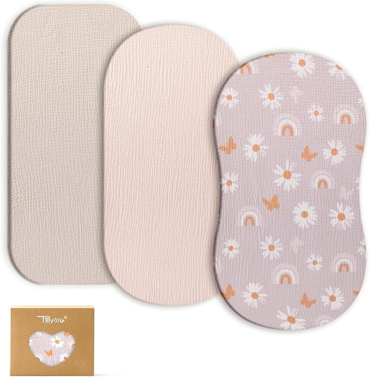 TILLYOU Muslin Bassinet Sheets for Baby Boys Girls 3 Pack, Soft Breathable Elastic Cotton Bassinet Mattress Sheets, Fit Hourglass Oval Rectangle Cradle Mattress, 33"X17",Pink Butterfly