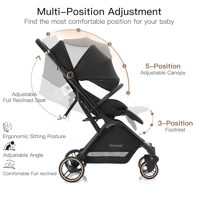 Gravity Folding Baby Stroller - Portable Travel Toddler Stroller w/Adjustable Backrest, Canopy & Cup Holder, Lightweight and UV Protected, One-Hand Automatic Folding - Black