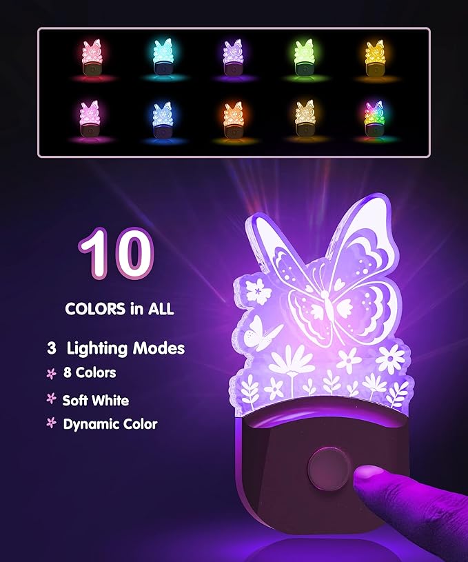 L LOHAS LED Kids Night Light, Butterfly Night Light for Kids, Dusk to Dawn Night Lights, RGB+Soft White 3000K, Nightlight for Girls Room Decor, Nursery, Baby Room[2 Pack]