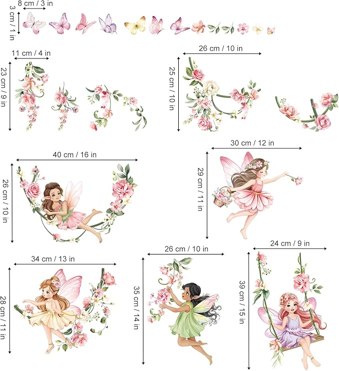decalmile Pink Flower Fairy Wall Stickers Hanging Peony Flower Vine Butterfly Elf Wall Decals Baby Nursery Bedroom Girls Room Home Decor