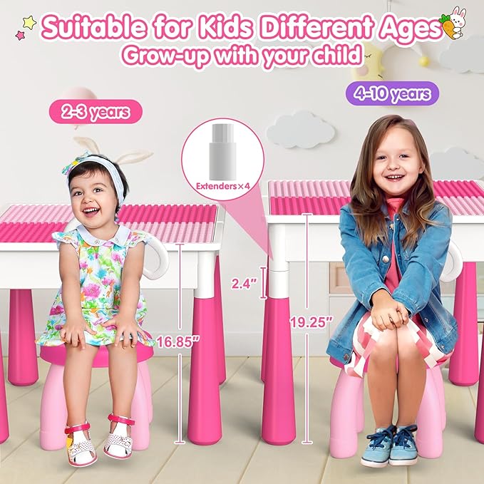 OCATO Kids Toddler Table and Chair Set: Water Table Activity Tables with 152Pcs Large Marble Run Building Blocks 2 Rabbit Chairs Storage All in One Play Sensory Sand Tables 3-6 Year Old Girl Toy Gift