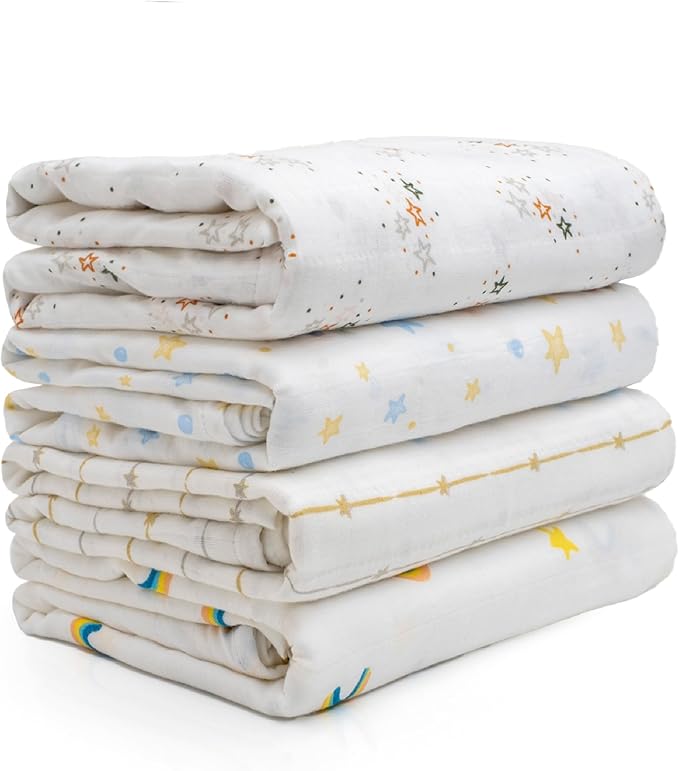 Salt Earth 100% Organic Cotton GOTS Certified 2-Layered Swaddle Baby Blanket, 4 Pack,47"x47" Receiving Blankets for Swaddling,Wrap for Boy & Girl, Newborn Baby Essentials, Registry (Star & Rainbow)
