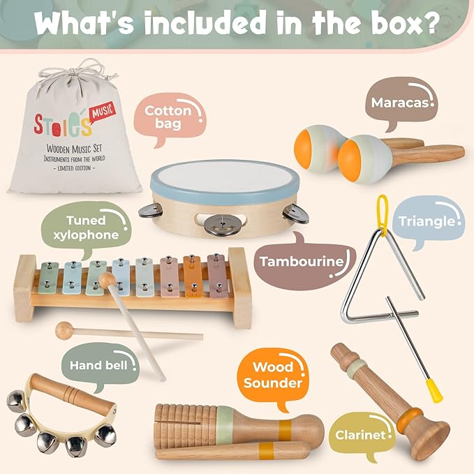 Stoie's Wooden Toddler Musical Instruments with Xylophone, Maracas, Triangle, Tamburine for Babies and Kids, Eco Friendly Montessori Educational Toy