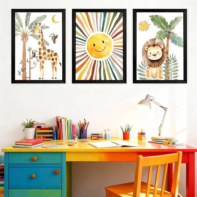 Cute Sun Lion Giraffe Quote Framed Wall Art Set of 4, 11x16 Boho Educational Animal Wall Sign for Baby Girl Kid Boy Toddlers, Wooden Inspirational Nursery Wall Decor Black