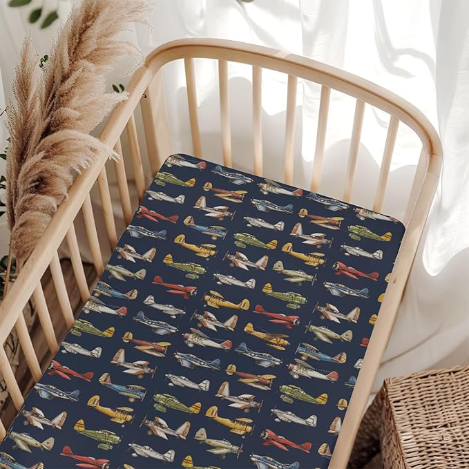 Vintage Planes Airplanes Helicopters Baby Crib Sheets Boy Girl 28"x52" Navy Plane Models Aircraft Soft Stretchy Fitted Crib Mattress Cover Baby Sheet for Standard Crib & Toddler Mattress Pad