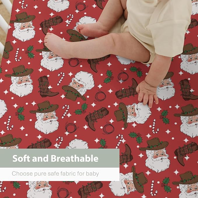 Red Cowboy Santa Christmas Baby Crib Sheets for Boy Girl 52x28Inch Western Santa Hat Boots Fir Leaves Soft Snug Fitted Crib Mattress Cover Wild West Baby Sheet for Standard Crib & Toddler Mattress