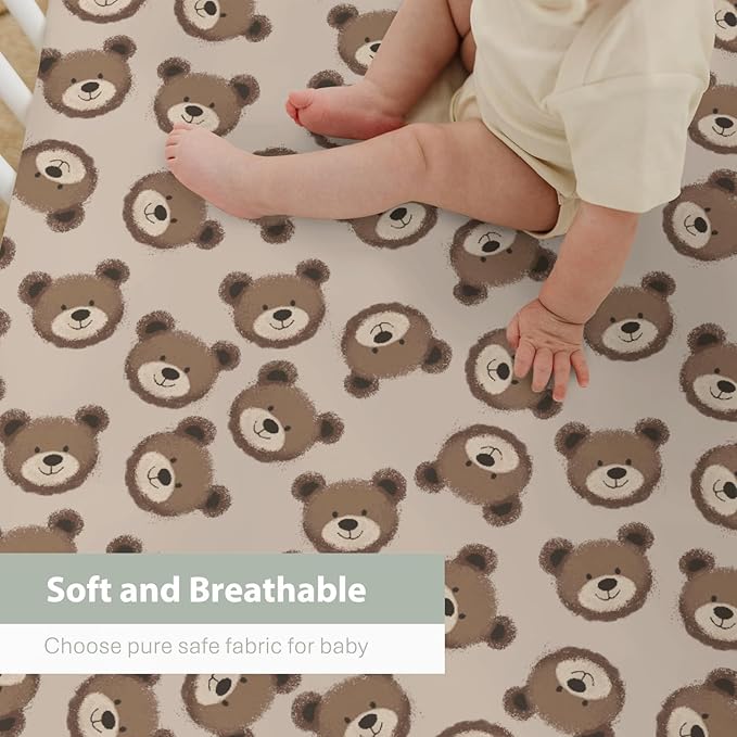 Neutral Boho Bears Baby Crib Sheets for Boy Girl 52x28Inch Cute Brown Bear Soft Snug Fitted Crib Mattress Covers Watercolor Bears Nursery Baby Sheet for Crib and Toddler Bed Mattresses