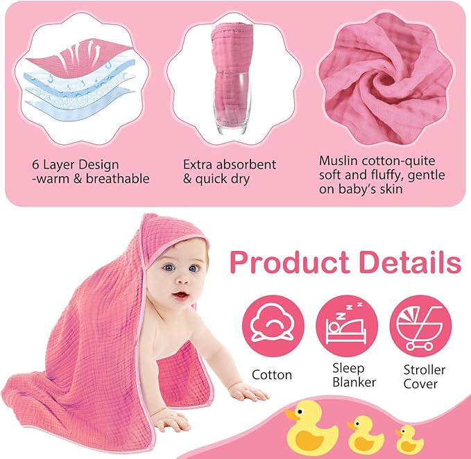 Peryiter 4 Pcs Muslin Hooded Baby Towels, 32x 32'' Cotton Newborn Bath Towel Muslin Infant Baby Blankets Absorbent Unisex Christmas Registry Gift Essentials for Girls Boys (Pink Series)
