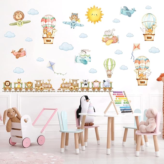 Train Animal Wall Stickers Cartoon Animal Wall Stickers Airplane Hot Air Balloon Decals Watercolor Sun Cloud Decals Cute Balloon Animals Sticker for Nursery Kids Room Playroom Decor