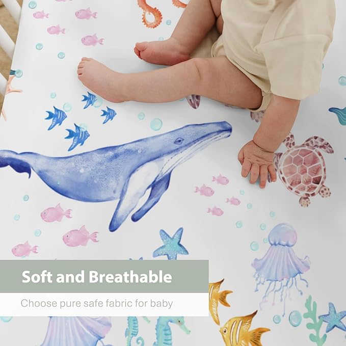 Colorful Ocean Animals Baby Crib Sheets for Boy Girl 52x28 Whale Turtle Jellyfish Sea Horse Corals Soft Snug Fitted Crib Mattress Cover Marine Animals Baby Sheet for Standard Crib & Toddler Mattress