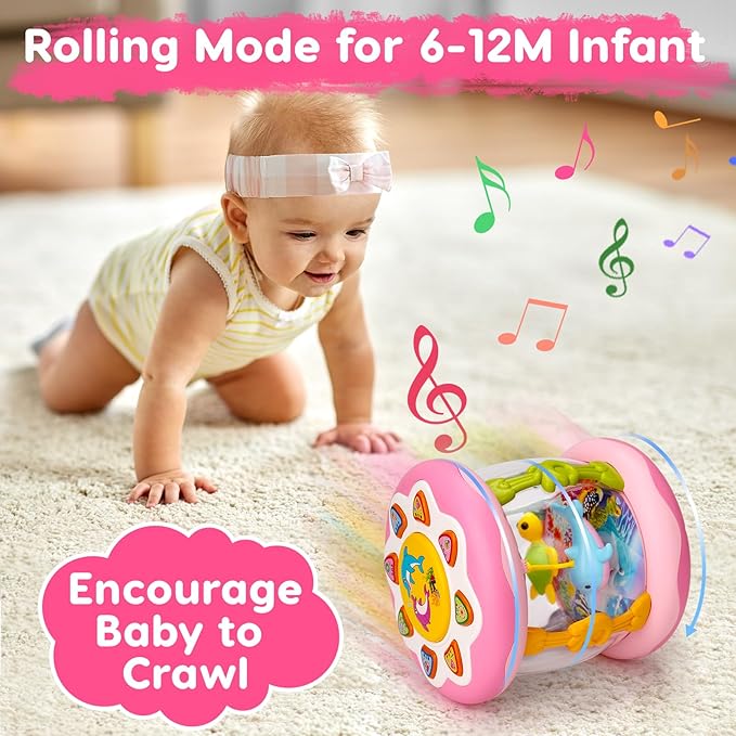 Baby Musical Light Up Toys Tummy Time Ocean Projector Rotating Infant 1 Year Old Toy Baby Aquarium Crawling Pink Toys Babies Girls 1 2 Year Old Birthday Newborn Gifts