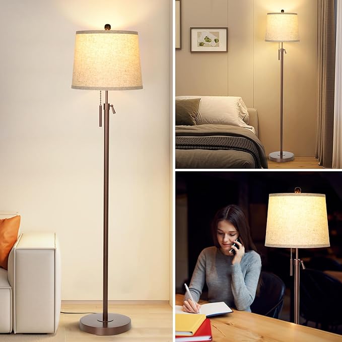 JUNNAI Modern Floor Lamp Adjustable Height Standing Lamp Tall Lamp with 3 Color Temperatures Floor Lamps for Living Room Bedroom Office Beige Shade Bulb Included-Brown