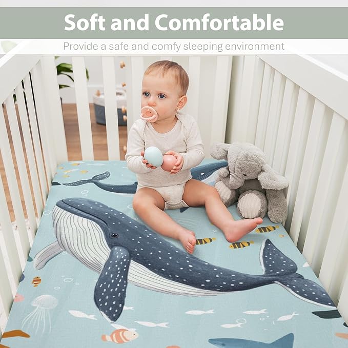 Boho Ocean Animals Baby Crib Sheets Boy Girl 28"x52" Whale Shark Jellyfish Coral Seaweed Soft Snug Fitted Crib Mattress Cover Nautical Coastal Marine Baby Sheet for Standard Crib & Toddler Mattress