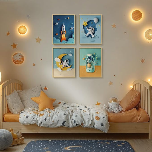 Framed Space Themed Bedroom Decor for Boys, 4 Piece Astronaut Rocket Canvas Wall Art Prints, Large Space Wall Art Decor for Kids Boys Room, 12x16 Inch