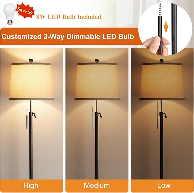 JUNNAI Floor Lamps for Living Room, Black Floor Lamp Adjustable Height Standing Lamp, Dimmable Modern Tall Floor Lamp for Bedroom Office with Beige Linen Shade, 8W 3000K Bulb Included