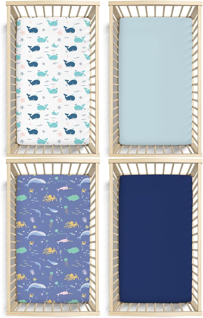 Little Grape Land Crib Sheets Baby Toddler Sheets 4 Pack Fitted for Boys Girls, Standard Size 28x52‘’ Crib Mattress, Super Soft Breathable Washable Microfiber (Whale/Shell Blue/Ocean/Navy)