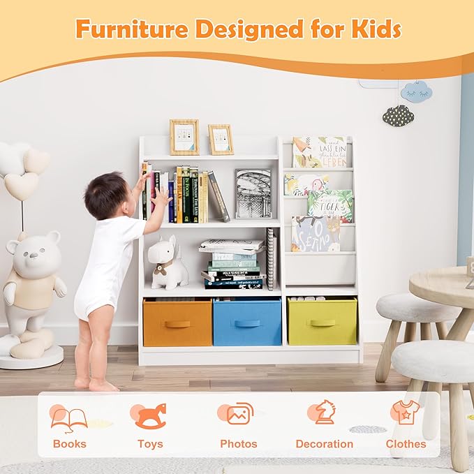 HedoAjim Kids Bookshelf Wood Montessori Toy Storage Organizer Cabinet Shelf Child Bookcase Toddler Baby Sling Book Rack 3 Cube Bin Fabric Drawers for Playroom Bedroom Nursery School