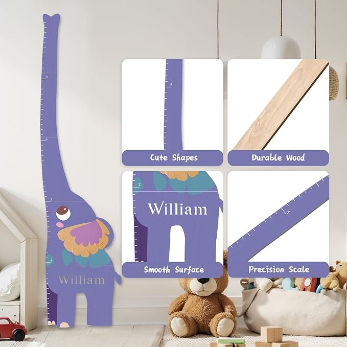 Woodemon Personalized Name Growth Chart for Kids, Elephant Patchwork Wooden Height Chart for Wall Decor, Baby Boy Girl Measurement Ruler for Room 63" x 15.7"