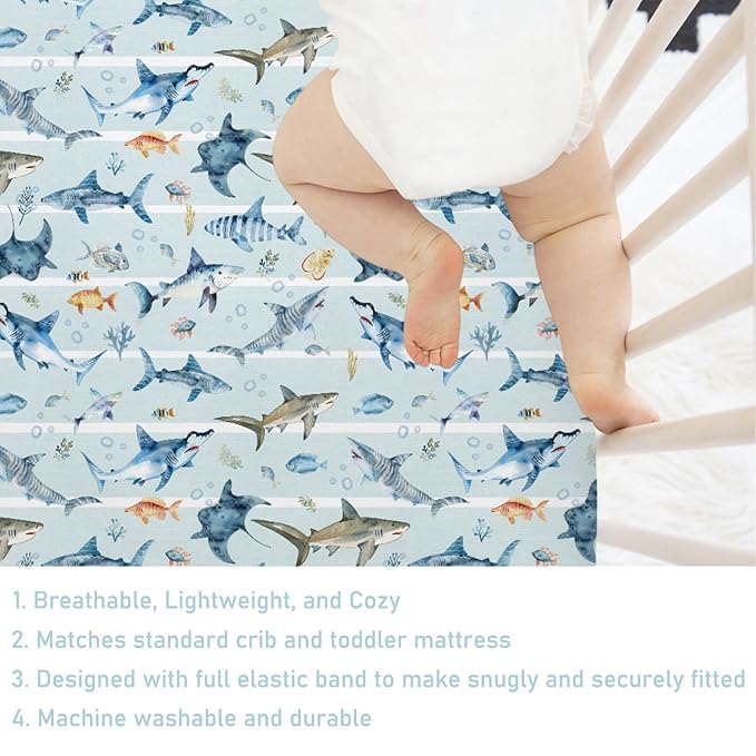 Blue Sharks Baby Crib Sheets 52''x28'' Sea Animals Sharks Stripes Snug Fitted Crib Mattress Cover for Boy Girl Ocean Fishes Corals Nautical Life Baby Bed Sheet for Standard Crib and Toddler Mattress