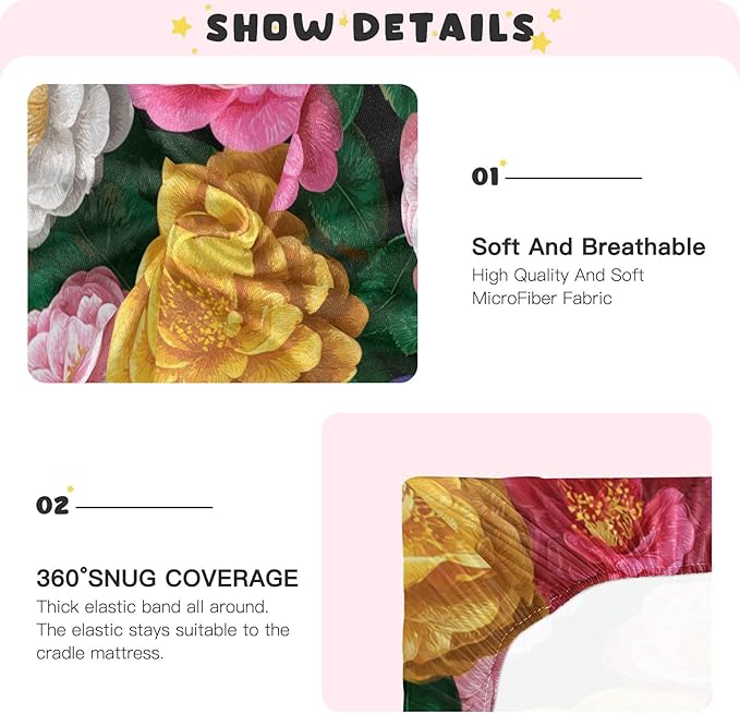 Colorful Camellia Flowers Crib Sheets Standard Crib Toddler Mattresses Cover Fitted Baby Bed Sheet Breathable Crib Mattress Sheet for Girls Boys 52" x 28"x5''