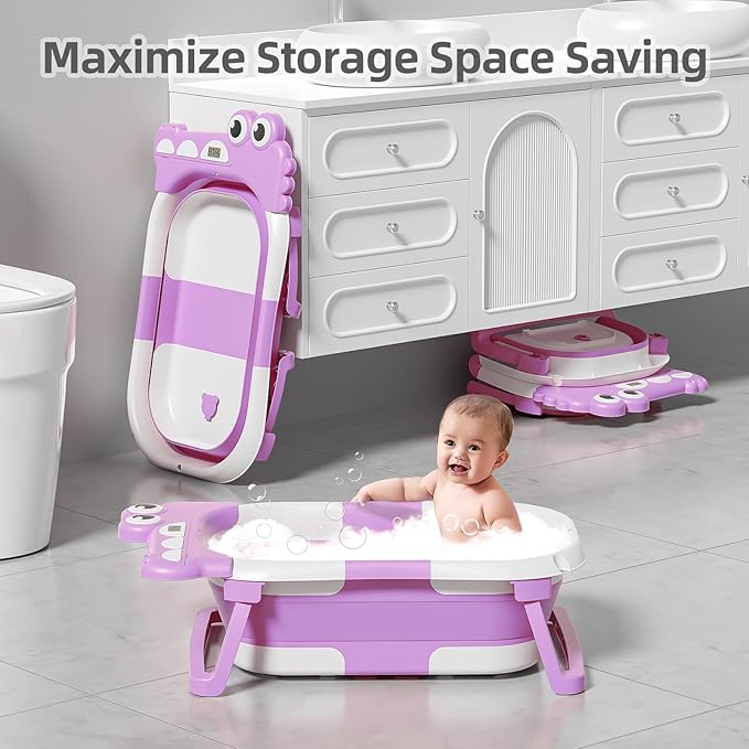 MoreFeel Collapsible Baby Bathtub for Newborn with Thermometer & 1 Hooded Towel & 1 Soft Floating Cushion,Portable Travel Bathtub with Drain Hole, Durable Foldable Baby Tubs for Infants to Toddler