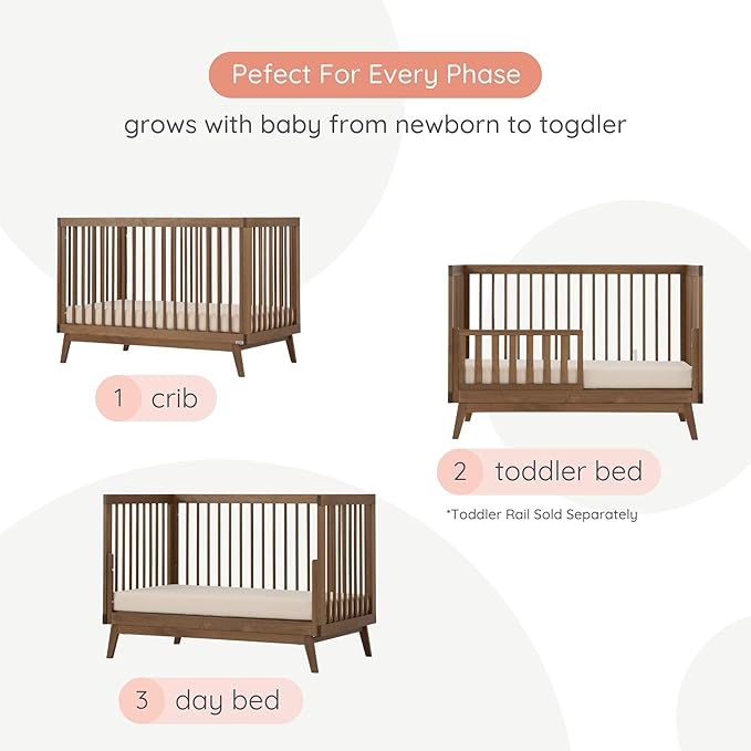 dadada Baby Soho 3-in-1 Convertible Wooden Crib to Toddler Bed - Made in Italy, GREENGUARD Gold Certified, Baby-Safe Finish, Handcrafted Beechwood, Modern Design, 3 Adjustable Heights (Walnut)