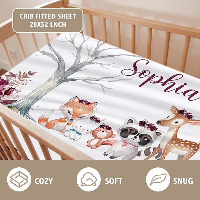 Custom Name Crib Bedding Set 3-Piece – Rose Animal Design Baby Bedding Set with Personalized Soft Blanket, Fitted Sheet, Changing Pad Cover – Ideal Newborn Gift for Boys and Girls