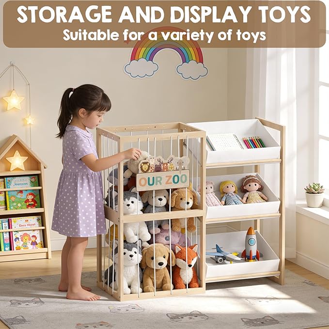 DEMEGA Wooden Toy Storage Organizer with Elastic Bands, Easy to Assemble and Use, Large Capacity Toy Bin Organizer for Nursery Playroom Bedroom, Adorable and Practical Design