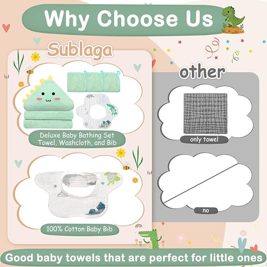 5 Pcs Baby Towel Set, 32x32 in Hooded Bath Towel, 3 Pcs Baby Washcloths and Cotton Baby Bibs for Newborns, Toddlers and Kids, Soft Baby Towels and Washcloths Set for Boys and Girls (Green Dinosaur)