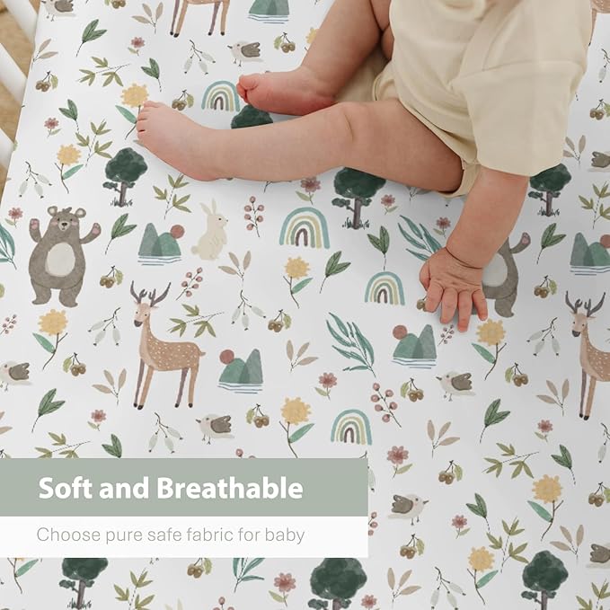 Boho Spring Animal Baby Crib Sheets for Boy Girl 52x28Inch Bear Deer Bunny Bird Rainbow Trees Mountain Soft Snug Fitted Crib Mattress Cover Animals Baby Sheet for Standard Crib & Toddler Mattress