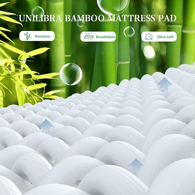 UNILIBRA Twin Size Mattress Pad Cooling Rayon from Bamboo, Quilted Fitted Mattress Protector Pillow Top Single Mattress Cover with Deep Pocket Up to 19 Inches, Ultra Soft Filling Mattress Topper