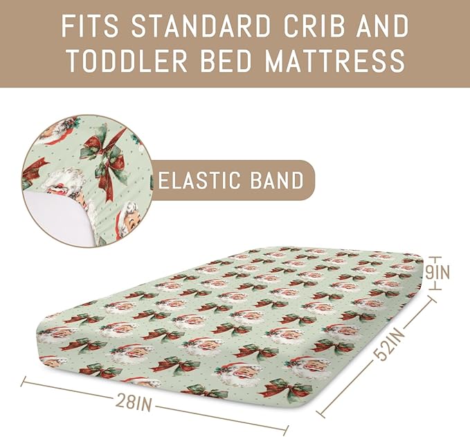 Vintage Merry Christmas Santa Bows Baby Crib Sheets for Boy Girl Retro Happy Santa Jolly Soft Snug Fitted Crib Mattress Covers Fit 52''x28'' Standard Crib & Toddler Mattress Winter Holiday Bed Sheets