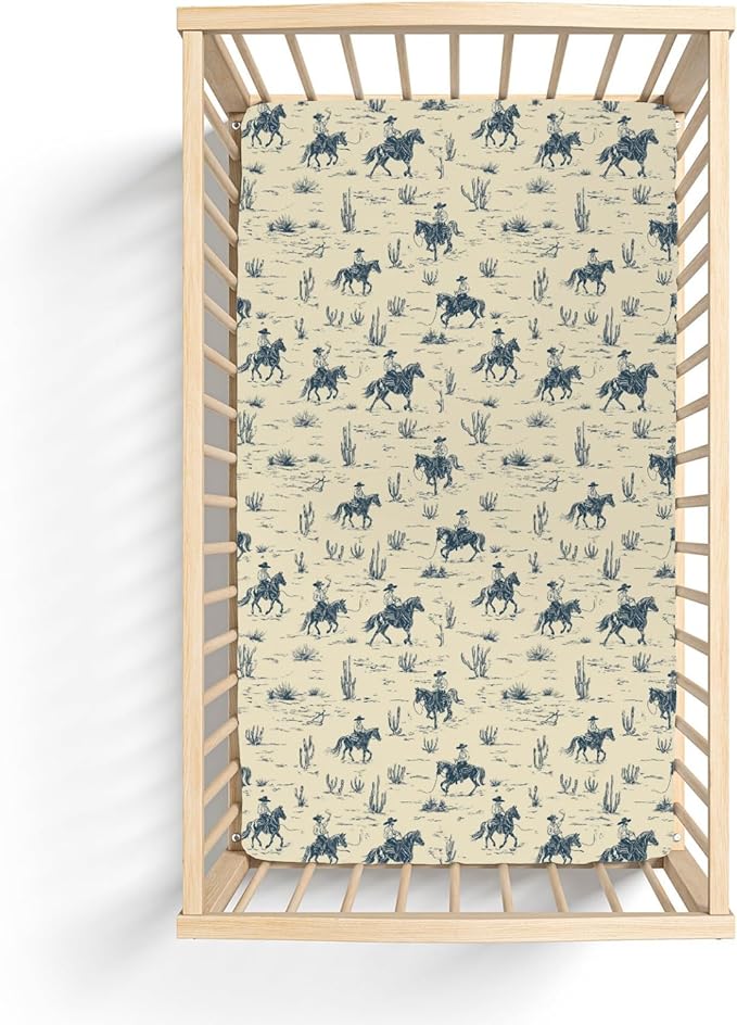 Vintage Western Cowboy Baby Crib Sheets for Boy Girl 28"x52" Retro Cowboy Horse Cactus Soft Stretchy Fitted Crib Mattress Cover Wild Desert Baby Sheet for Standard Crib & Toddler Mattress Pads