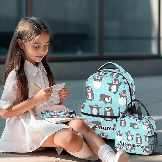COOPASIA Personalized Penguin Backpack with Lunch Box and Pencil Case, 16 Inch Penguin Theme Bookbag with Adjustable Straps, Durable, Lightweight, Large Capacity, School Backpack for Girls Women