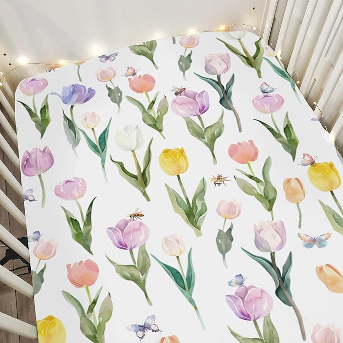 Watercolor Tulips Bees Baby Crib Sheets for Boy Girl 52"x28" Colorful Spring Floral Butterflies Soft Snug Fitted Crib Mattress Cover Garden Flowers Baby Sheet for Standard Crib & Toddler Mattress