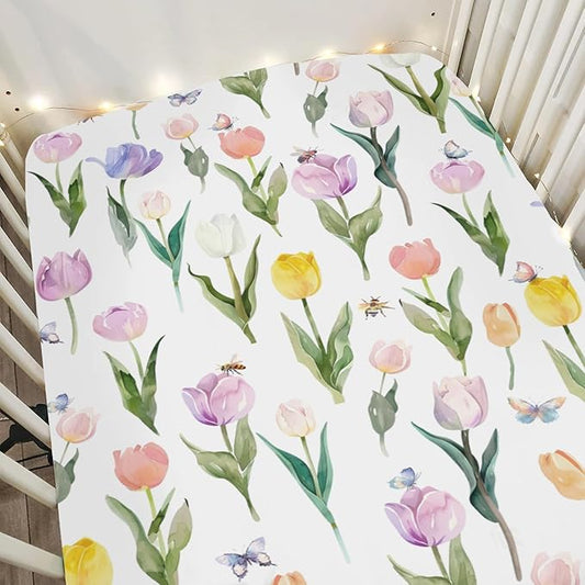 Watercolor Tulips Bees Baby Crib Sheets for Boy Girl 52"x28" Colorful Spring Floral Butterflies Soft Snug Fitted Crib Mattress Cover Garden Flowers Baby Sheet for Standard Crib & Toddler Mattress
