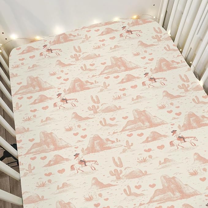Vintage Pink Cowgirl Cactus Baby Crib Sheets for Boy Girl 52"x28" Western Cowgirl Love Soft Stretchy Fitted Crib Mattress Cover Wild Desert Baby Sheet for Standard Crib & Toddler Mattress Pad