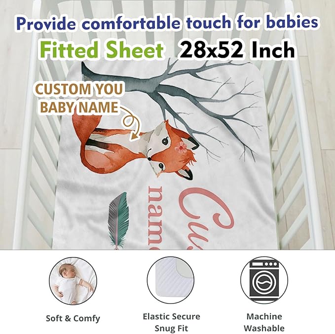 Orange Fox Theme Personalized Crib Bedding Set - 2 Piece Custom Name Crib Set with Blanket and Crib Sheet for Infant, Crib Set for Newborns Infant, Comfort and Soft