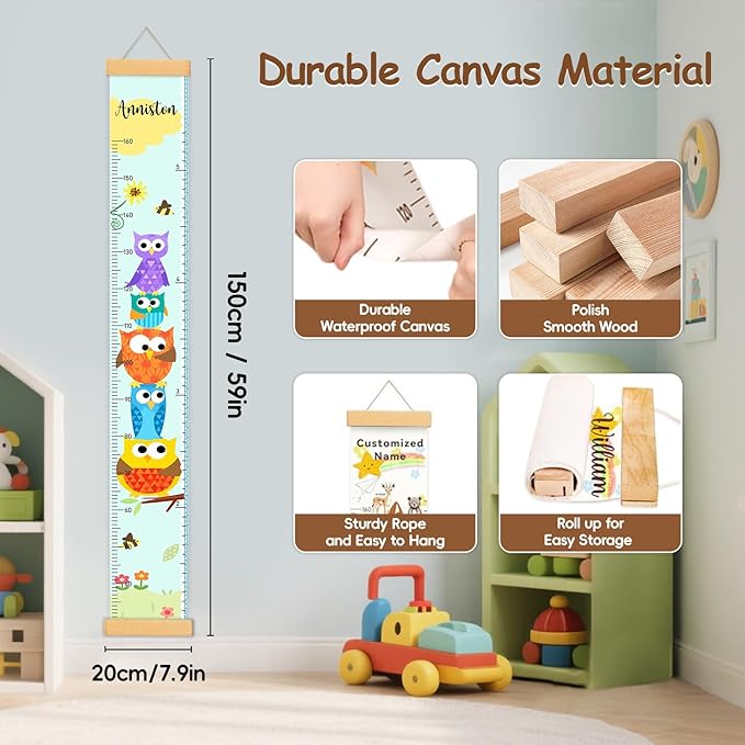 Personalized Name Height Chart for Kids, Canvas Owl Growth Chart for Wall Removable, Height Measurement for Boys Girls, Baby Height Growth Chart Ruler Nursery and Playroom Wall Decor