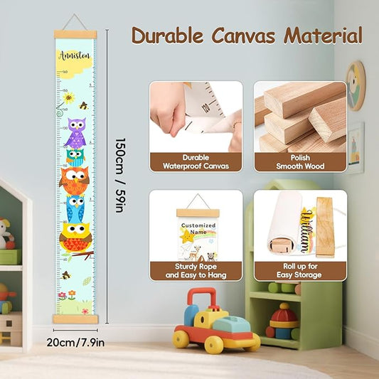 Personalized Name Height Chart for Kids, Canvas Owl Growth Chart for Wall Removable, Height Measurement for Boys Girls, Baby Height Growth Chart Ruler Nursery and Playroom Wall Decor
