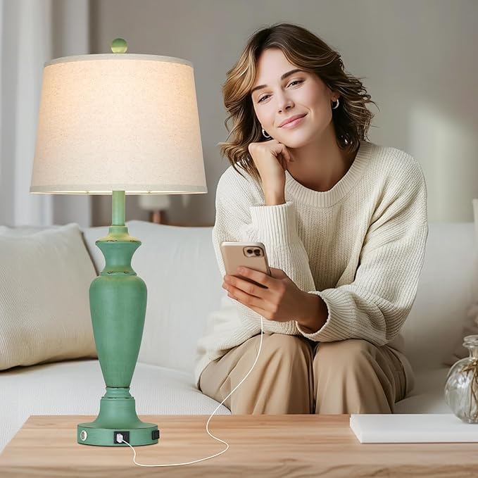 Cinyirong 30" Tall Metal Table Lamps Set of 2, Touch Control Bedside Lamps for Bedroom Nightstand, 3-Way Dimmable Farmhouse Lamp for Living Room with Charging Ports, Retro Green (2 LED Bulbs Included)