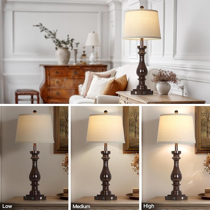 luxeflow 29" Tall Vintage Table Lamps Set of 2,Farmhouse Bedside Lamps with USB C+A Ports & AC Outlet,3-Way Dimmable Touch Lamp for Night Stands Living Room Bedroom,Dark Brown