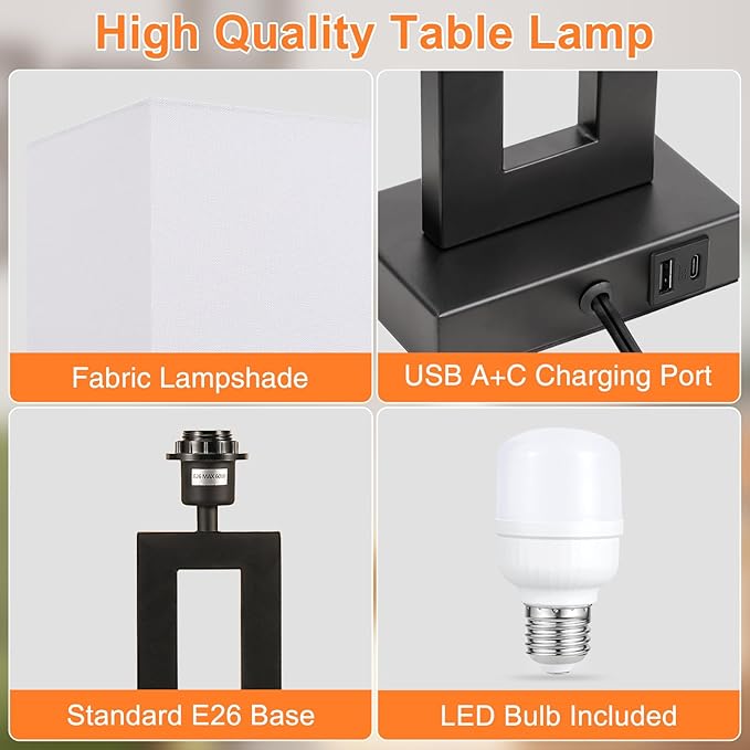 22" Tall Modern Living Room Lamps - Touch Bedside Lamps with USB C+A, 3 Way Dimmable for Bedroom End Tables Set of 2 (White & Black)