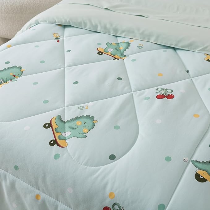 Caressma 4 Pieces Toddler Bedding Set - Brushed Microfiber Reversible Bedding Comforter Sets for Boys or Girls - Includes Cute Dinosaurs Pattern Comforter, Fitted Sheet, Flat Sheet & Pillow Case